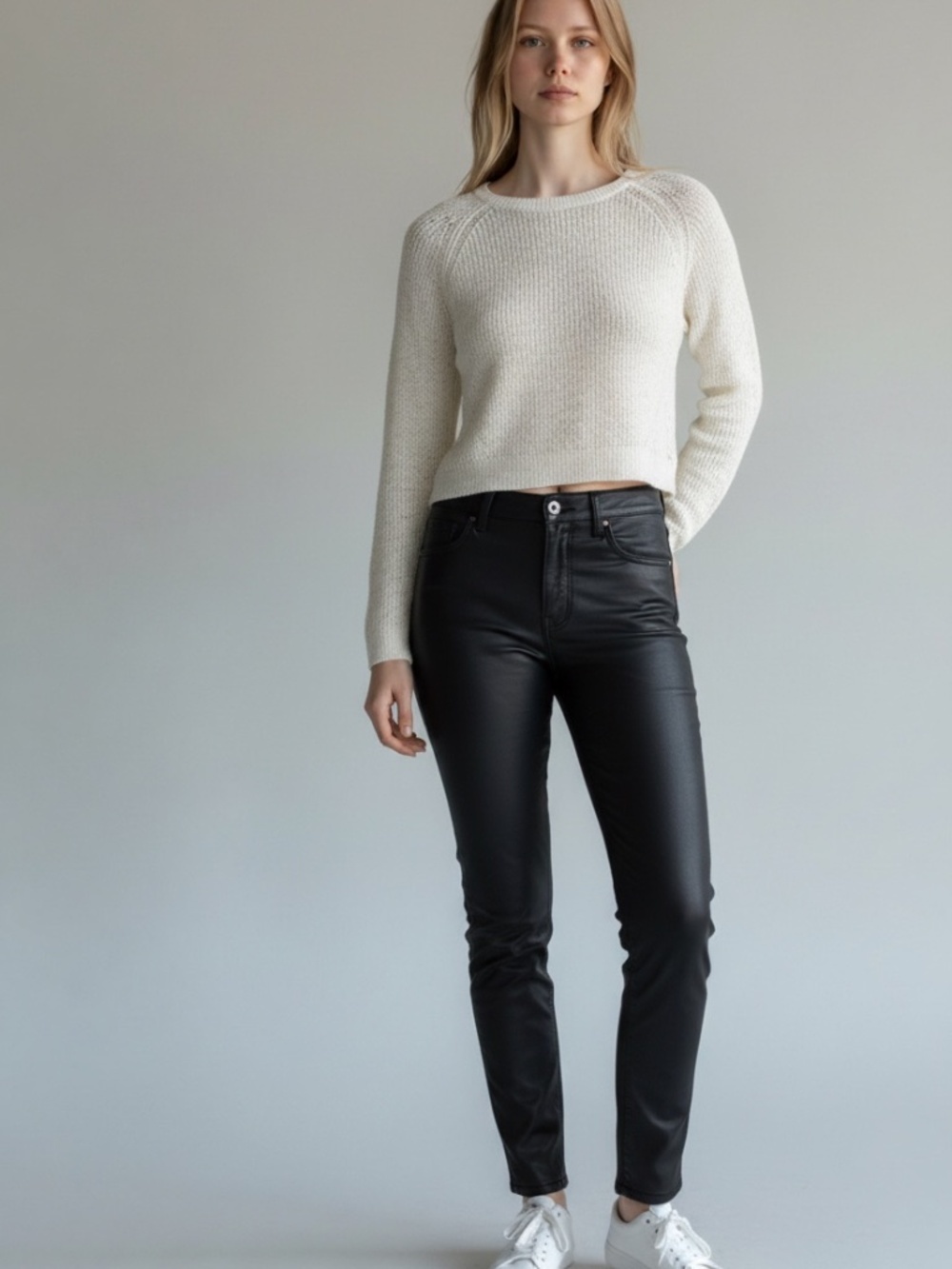 Sahalie Cream Ivory Open Loose Knit Crewneck Sweater Size Small